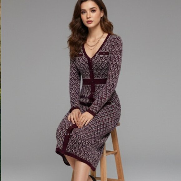 Burgundy Button Front Pattern Sweater Dress - Picture 3 of 9